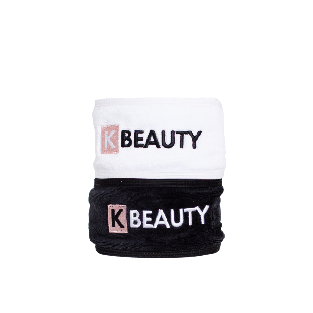 Δύο ασπρόμαυρα K-Beauty Κορδέλες Μακιγιάζ με τη λέξη ομορφιά.