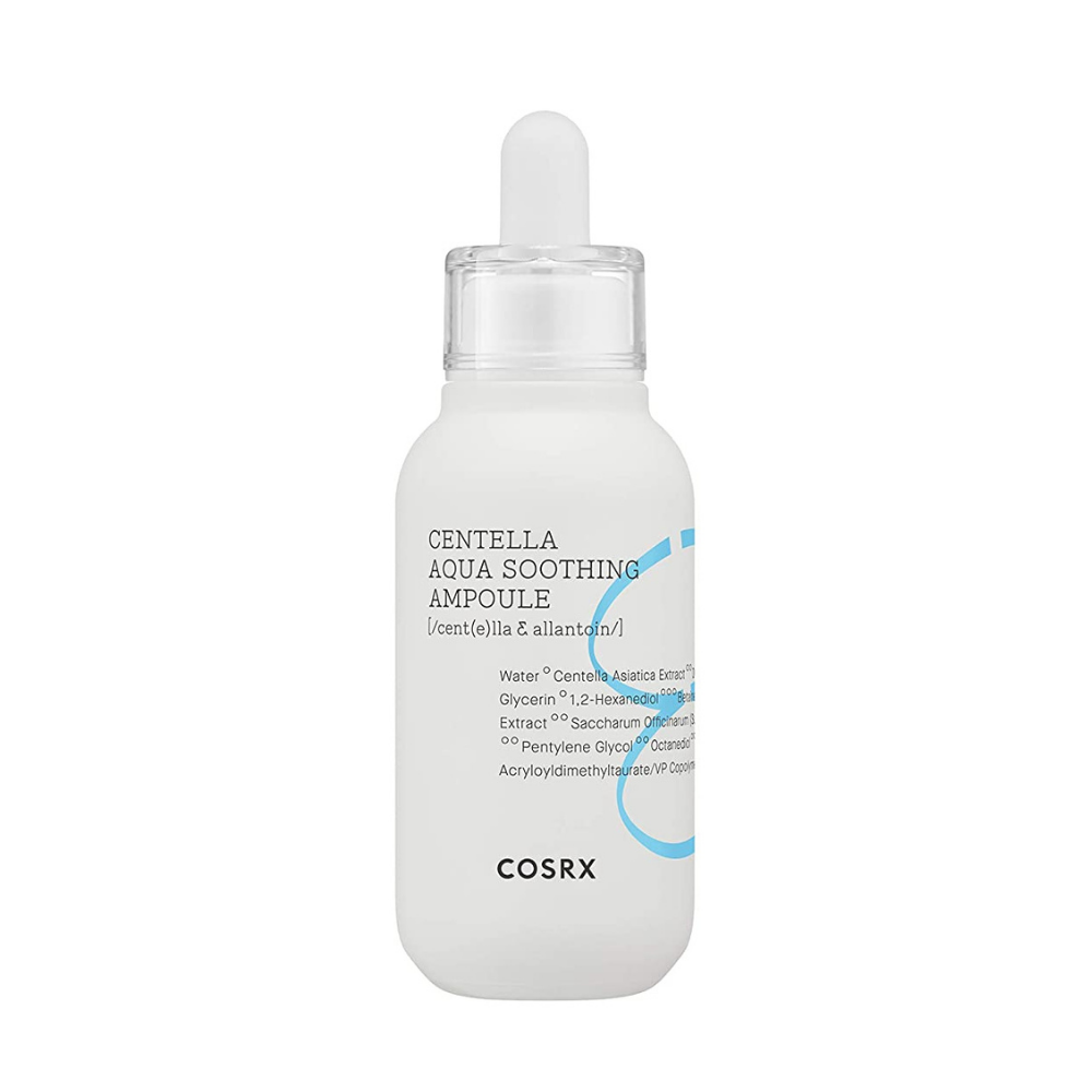 Ένα μπουκάλι COSRX Centella Aqua Soothing Ampoule 40ml με καταπραϋντικές ιδιότητες σε λευκό φόντο.